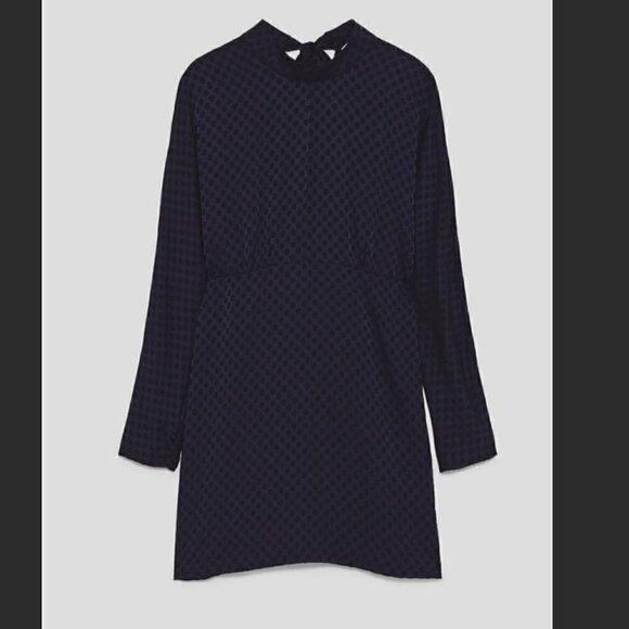 Zara Mini Dress S Satin High Mock Neck Tie Polka Dot Long Sleeve Navy Blue Black - Picture 5 of 15